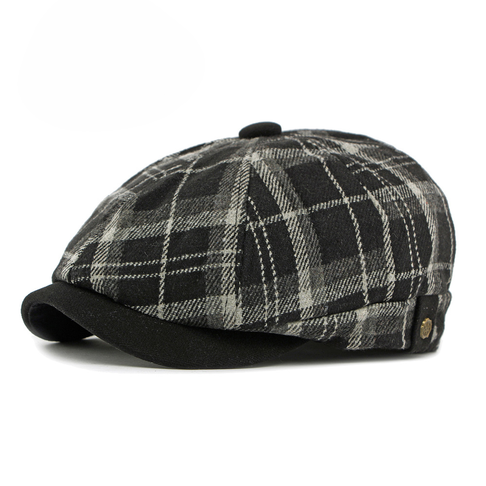 Men's Retro Beige Plaid Fleece-Lined Adjustable Newsboy Cap