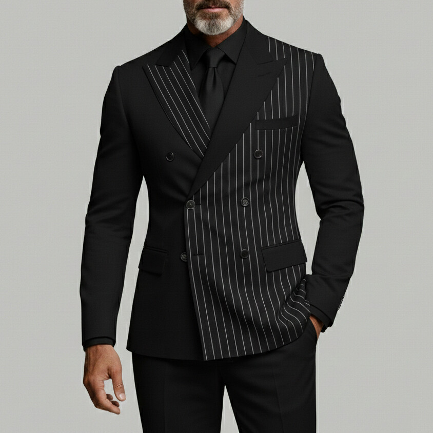 Men's Business Patchwork Striped Peak Lapel Double Breasted Long Sleeve Blazer