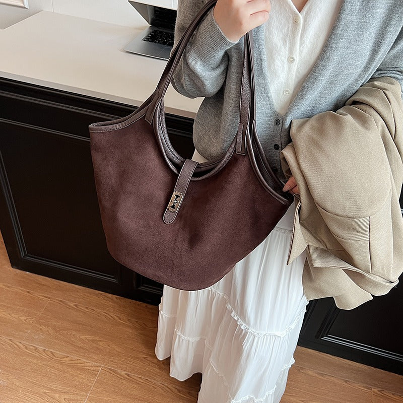 Turn Lock Suede Tote