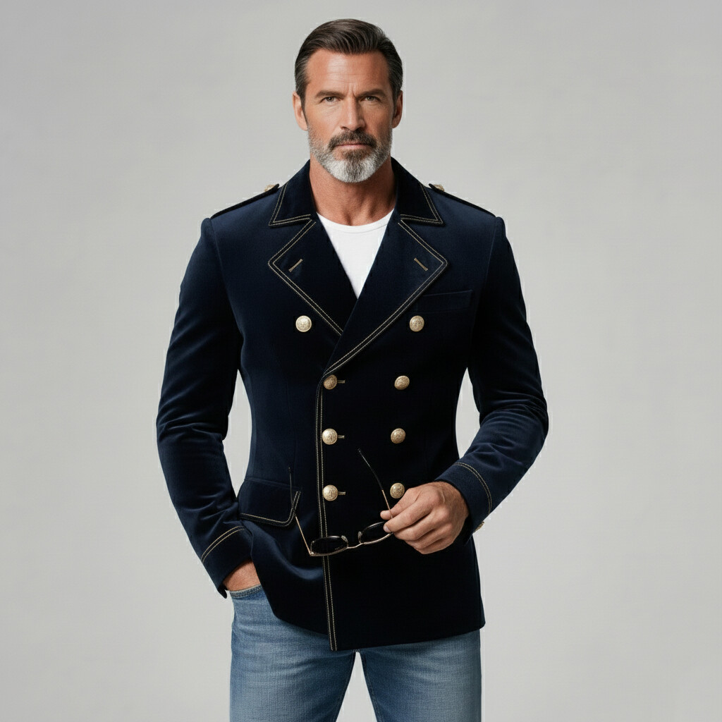 Men's Business Casual Navy Blue Velvet Notched Lapel Double Breasted Long Sleeve Blazers