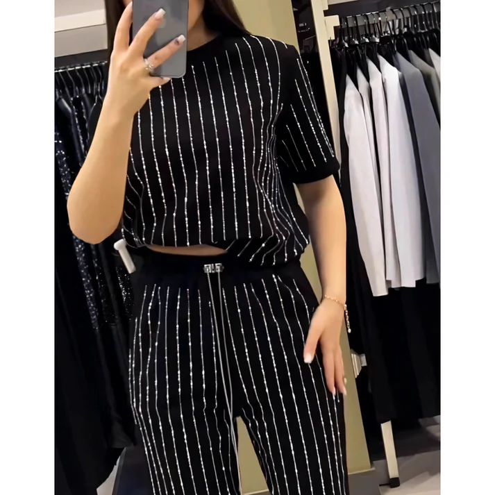 Limited Time Discount Fashion 💖Women's Sparkling Rhinestone Striped Knit Two-Piece Set