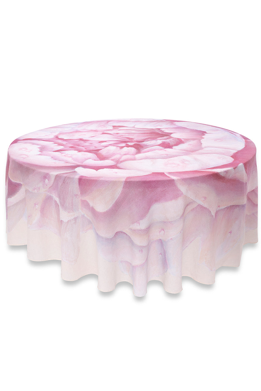 Pink Peony Hand-Painted Linen Tablecloth – 102 Inch Round Floral Dining Cover