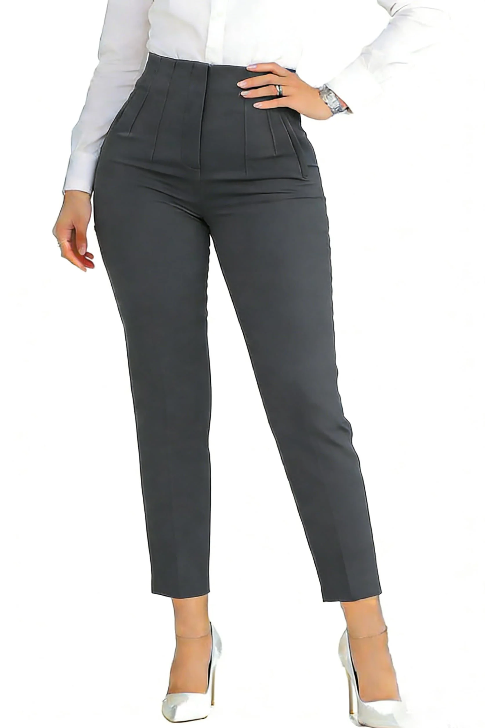 Womens High Waisted Pants 2026 Trendy Pleated Straight Leg Dress Pant Business Work Casual Trousers with Pockets Size Medium Dark Grey