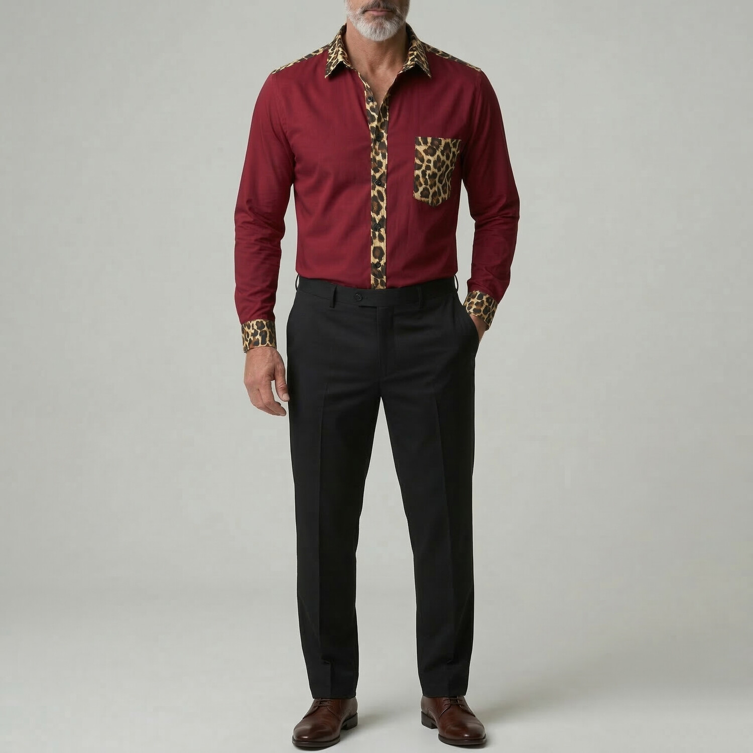 Men's Casual Leopard Print Contrast Trim Chest Pocket Long Sleeve Shirt