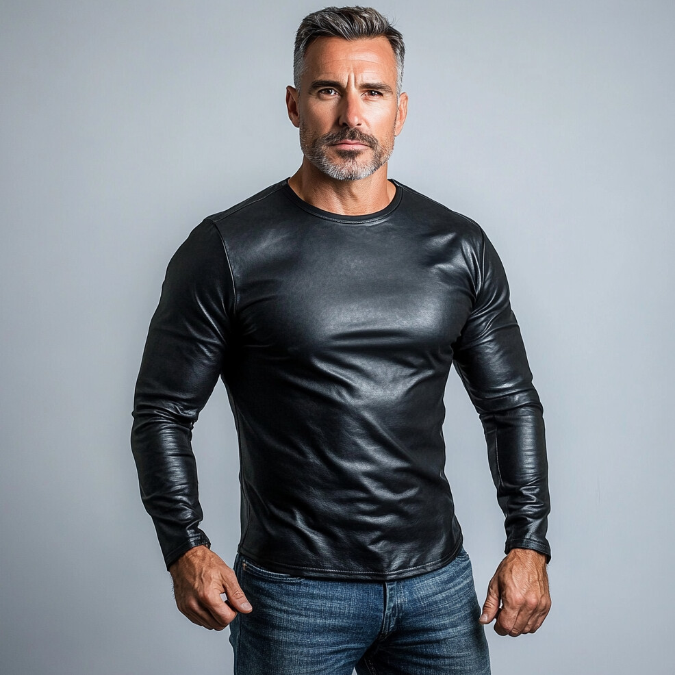 Men's Casual PU Leather Crew Neck Long Sleeve T-Shirt