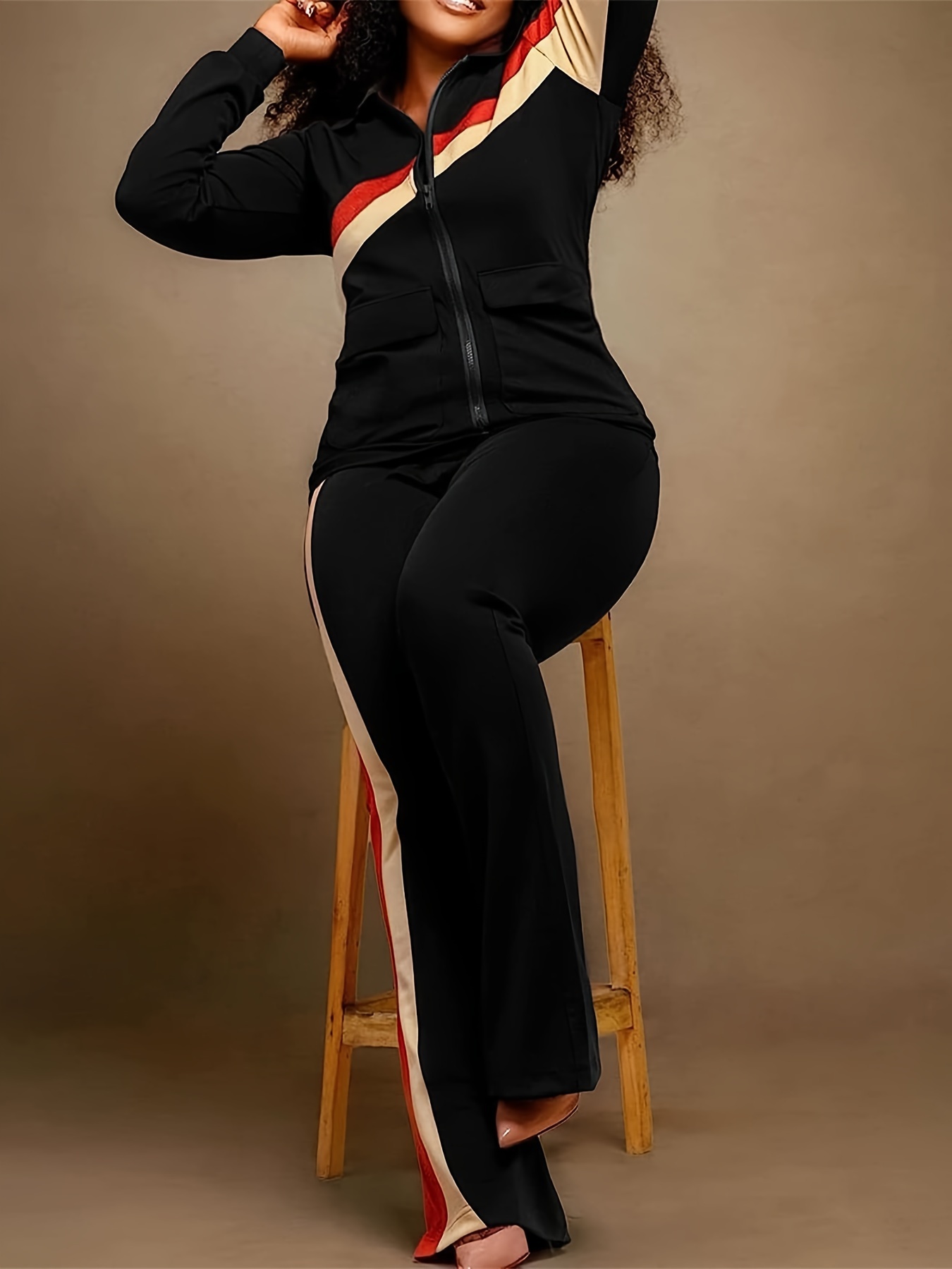 European And American Women’s Sports Casual Fashion Two-Piece Striped Stitching Suit