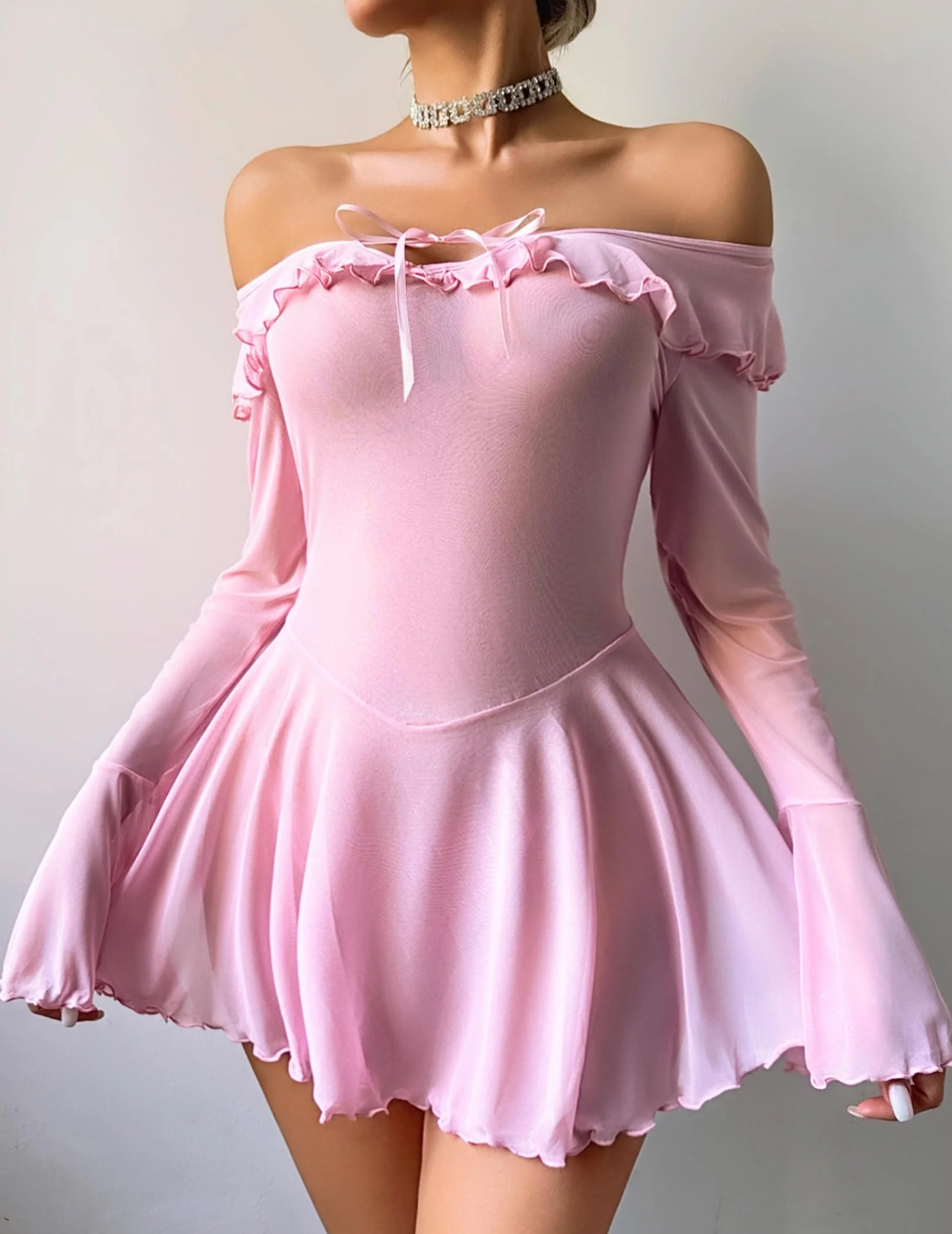 Women Lingerie Mesh Babydoll Long Sleeve Lingerie For Women Sexy Outfits For Women (Pink, XX-Large)