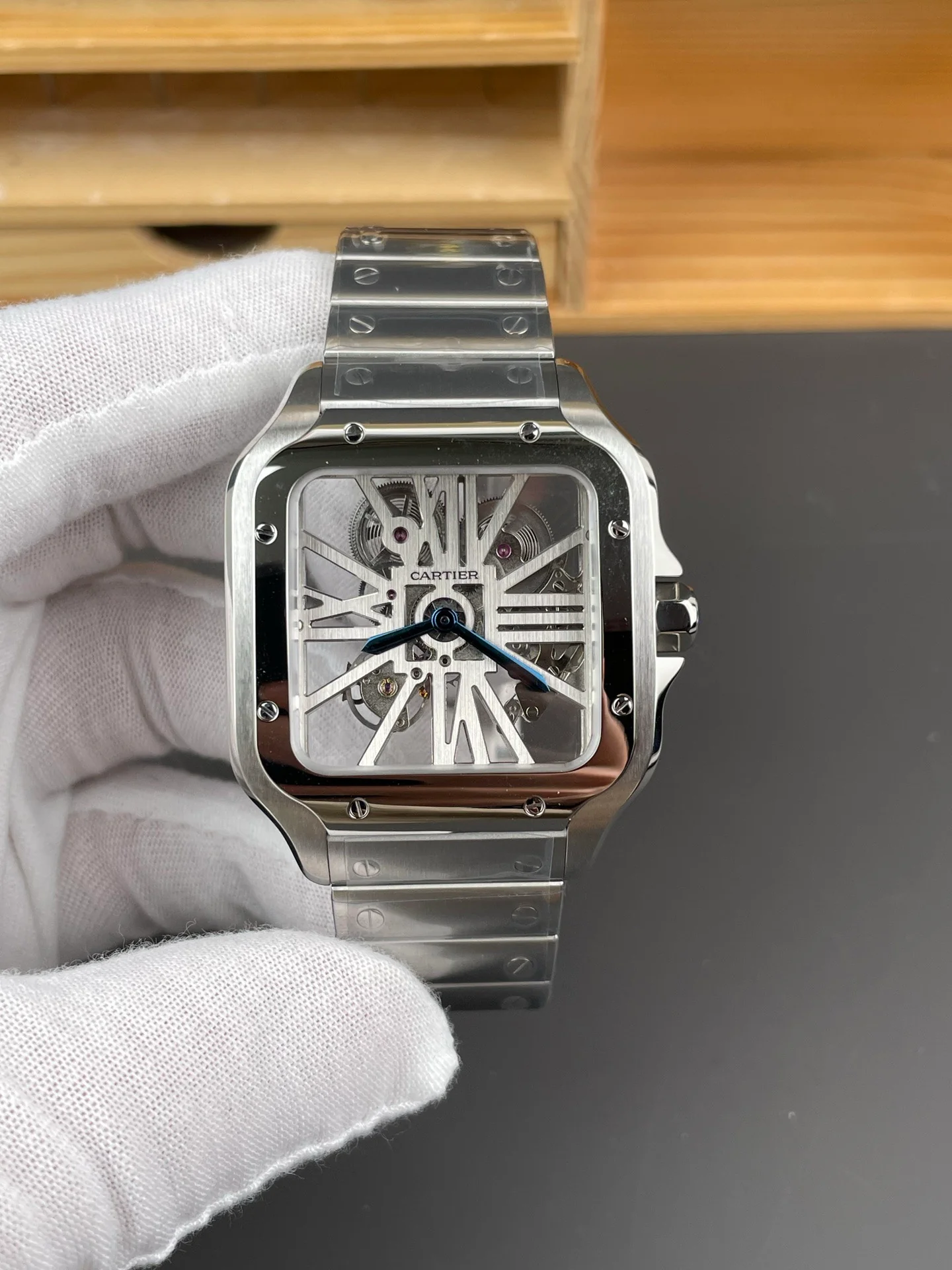 Santos Skeleton Series Steel Watch with Blue Hands