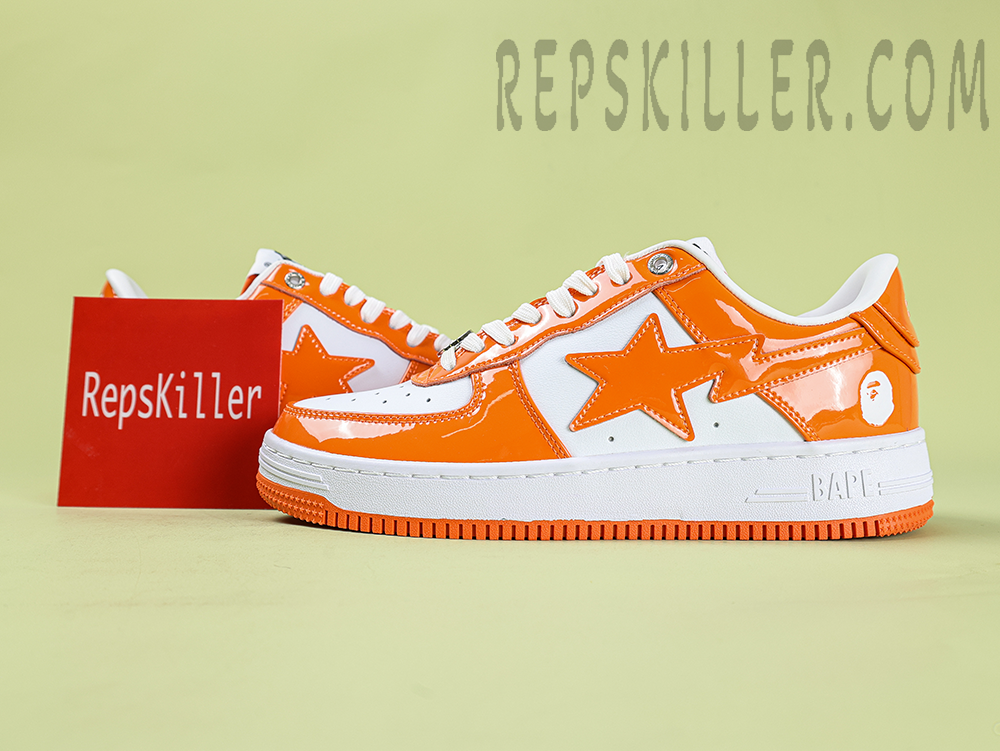 A BATHING APE BapeSta Orange White Patent Leather Low Sneakers