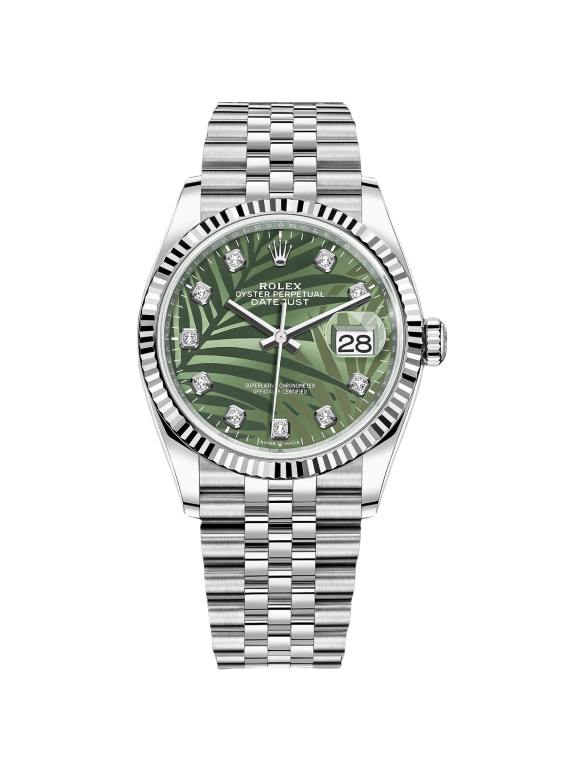 [2026 Mirror Grade]RLX  Datejust 36mm 126234-0055 Olive Green Palm Motif Diamond Dial Jubilee Stainless Steel Watch