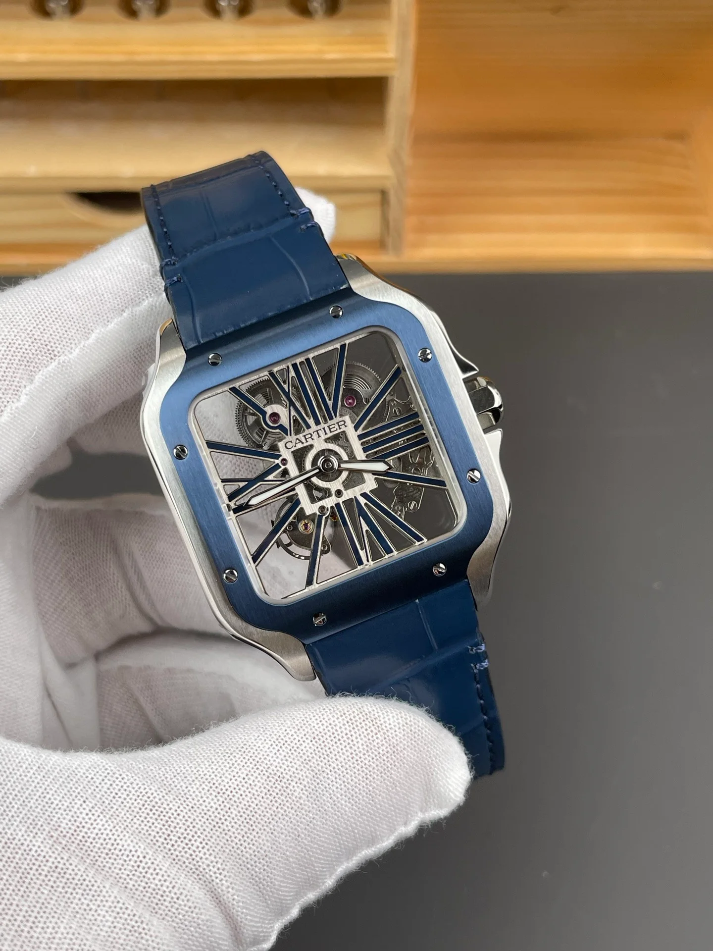 Santos Skeleton Series Leather Strap Blue Dial