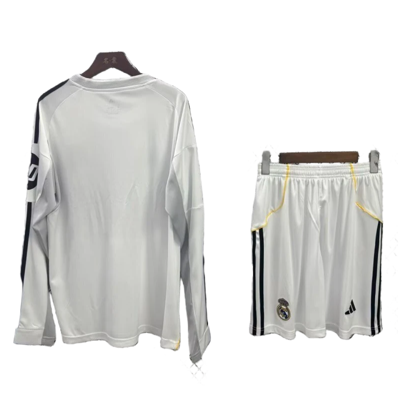 2025-26 Real Madrid Home Kids Long Sleeve Soccer jersey Kit Jersey+Shorts