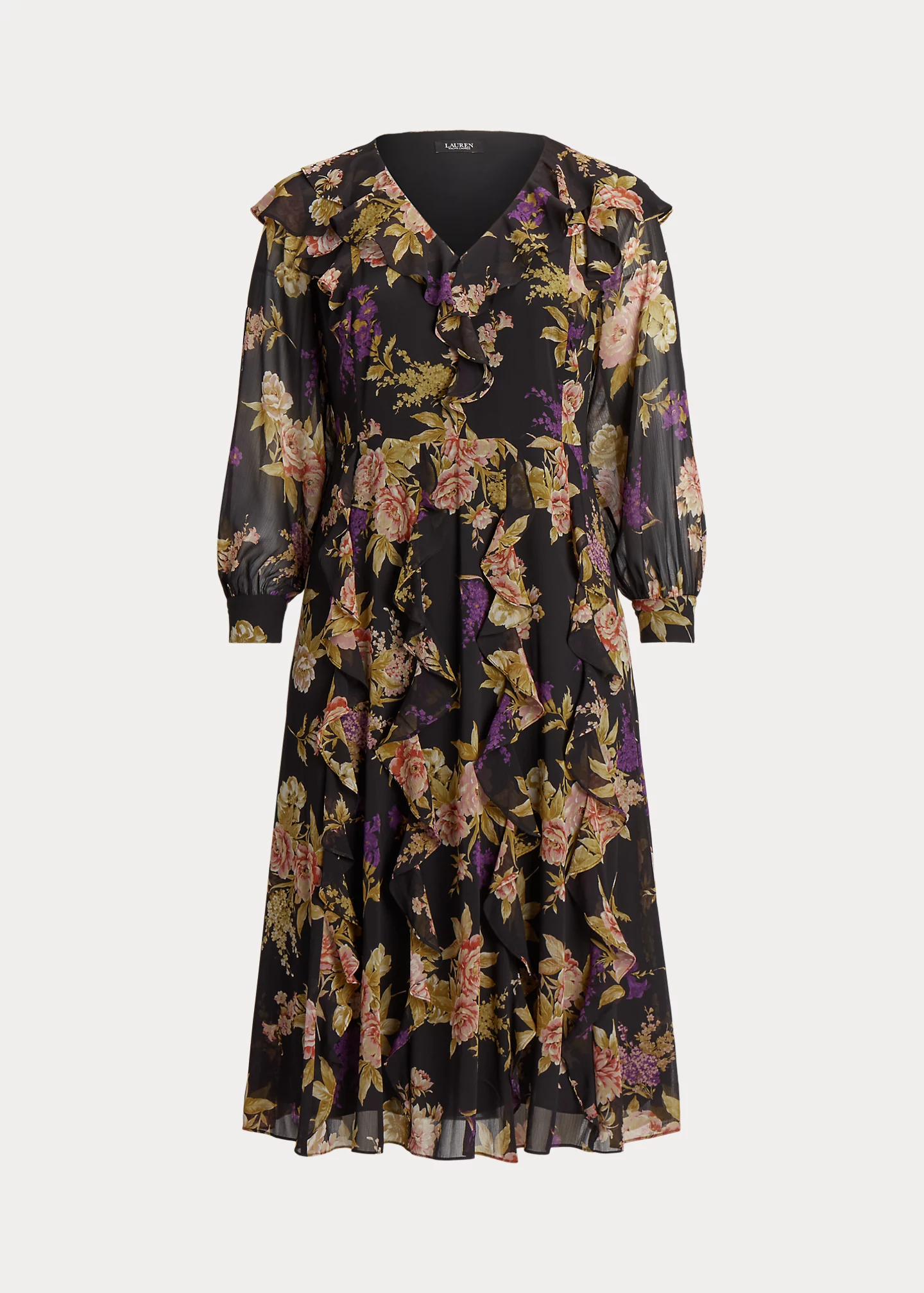 Floral Ruffle-Trim Georgette Dress