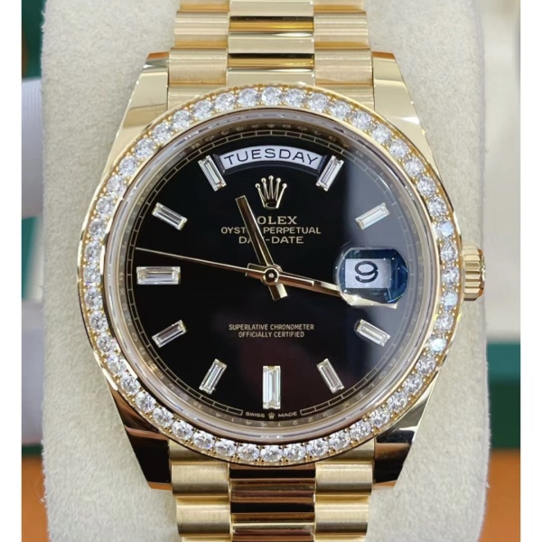 [2026 Mirror Grade]RLX Day-Date 40mm Black Diamond Dial and Diamond Bezel Yellow Gold President Bracelet  228348RBR-0001