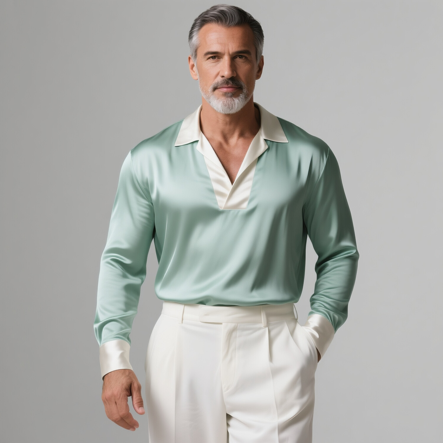 Men's Satin Contrast Trim Long Sleeve Polo Shirt