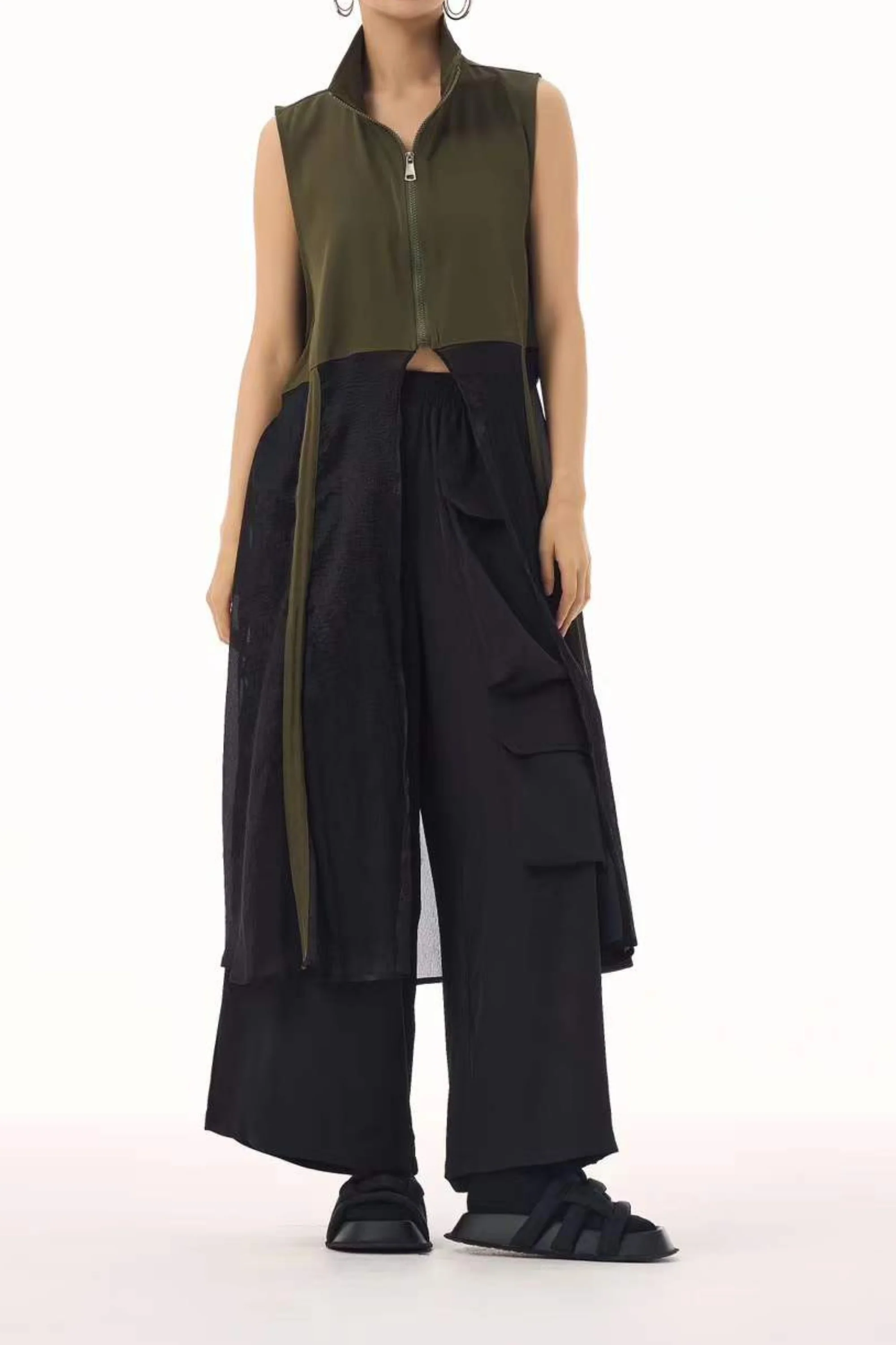 Army Green Zippered Longline Top