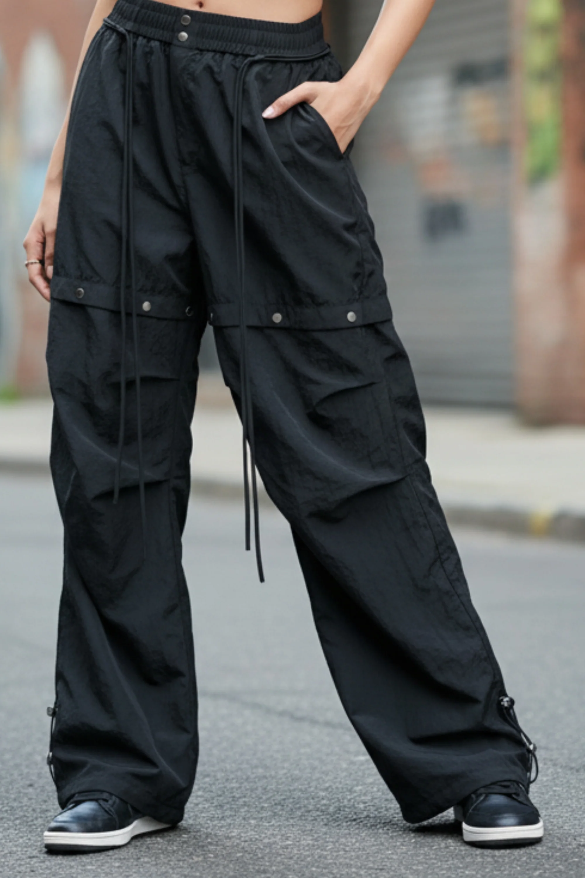 Black Cargo Pants with Snap Buttons