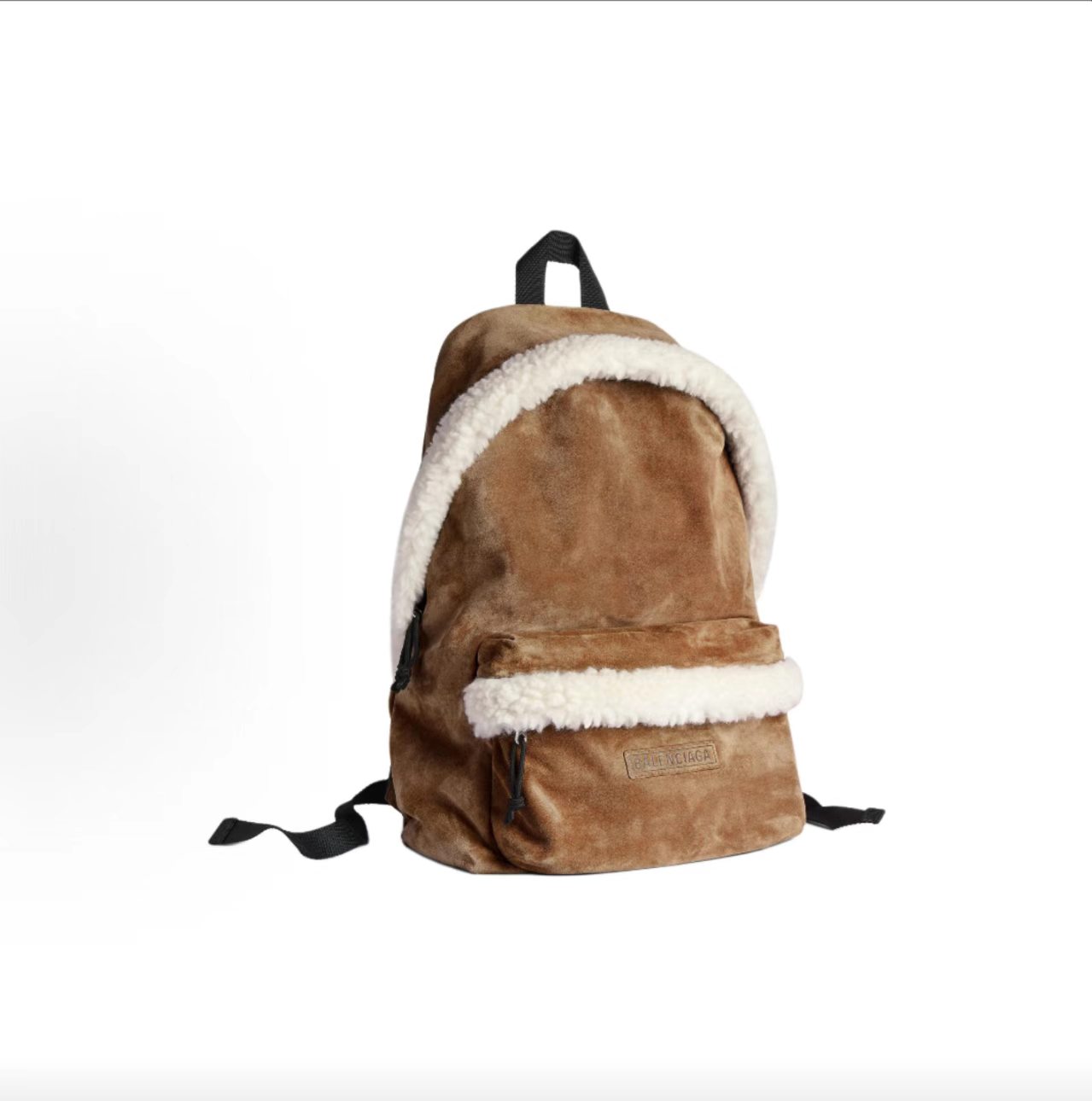 Balenciaga Explorer Shearling Trim Suede Backpack Brown White