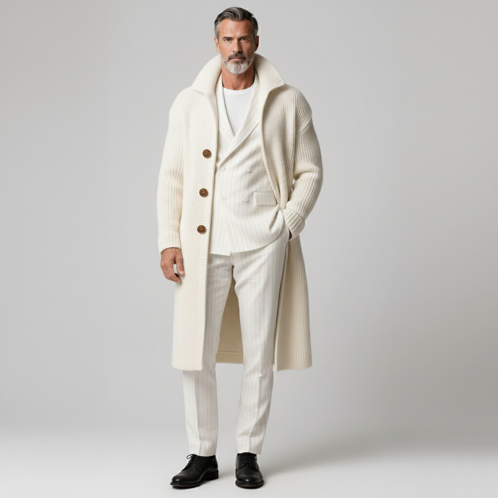 Men's Off White Ribbed Knit Turndown Collar Long Sleeve Button Mid-Length Sweater Overcoat