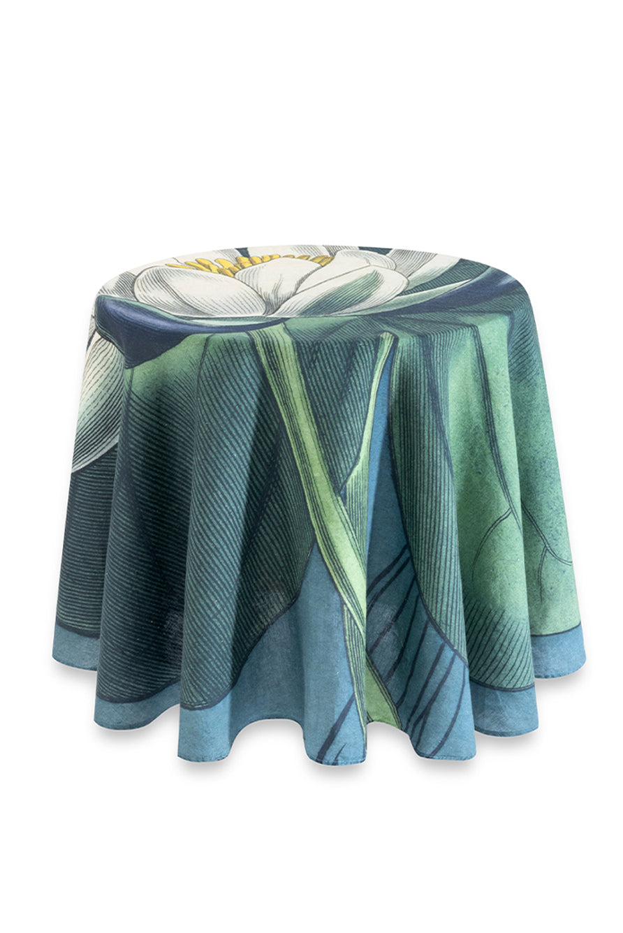 Water Lily Floral Round Linen Tablecloth – 65 Inch Diameter Occasional Table Cover