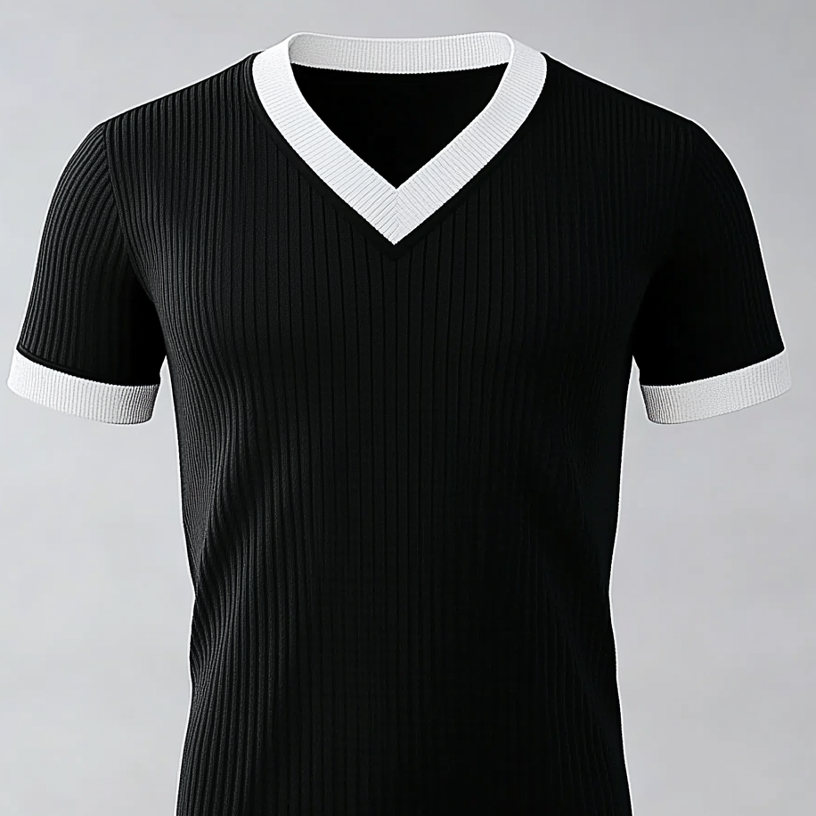 Men's Contrast Color V Neck Short Sleeve Knitted T-Shirt