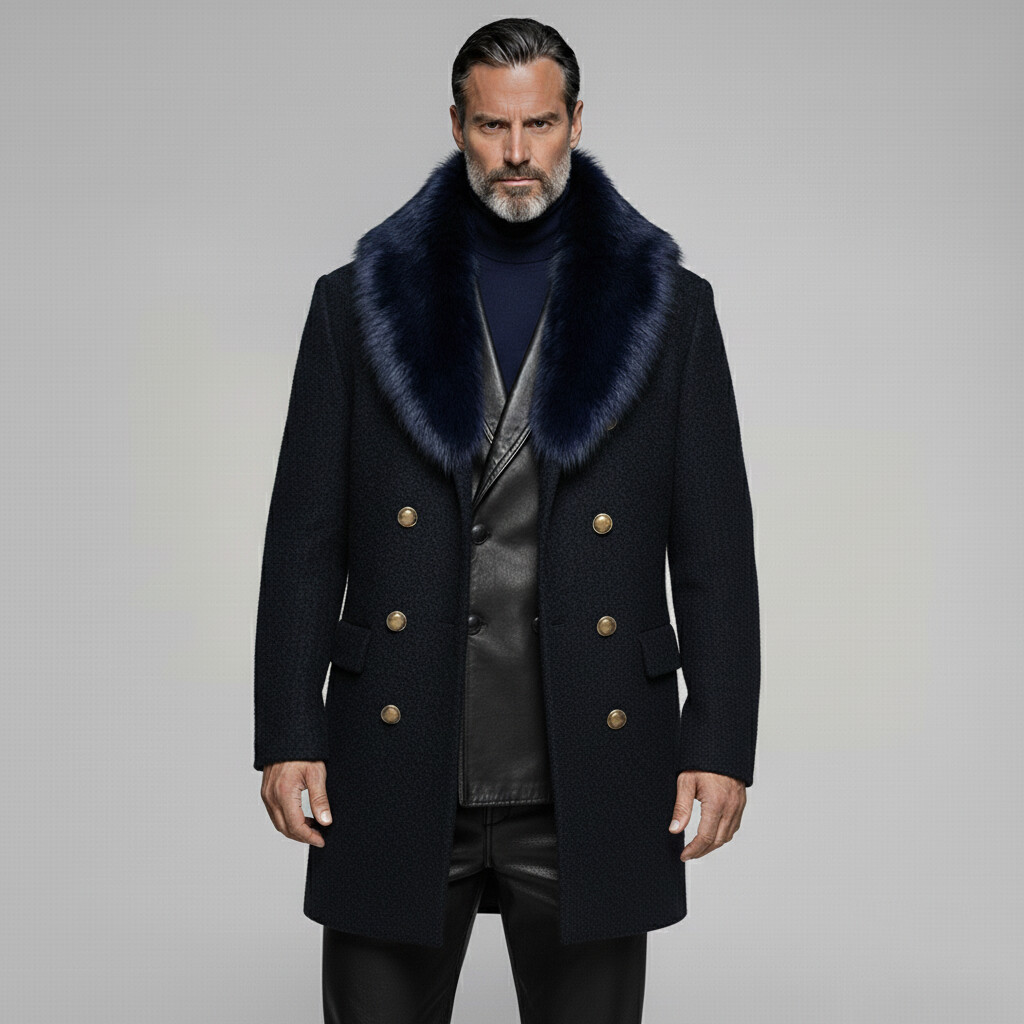 Men's Business Black Furry Collar Long Sleeve Double Breasted Mid-Length Overcoat