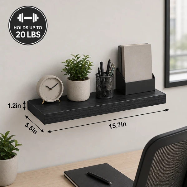 Floating Wall Shelves Set of 6, Black Wood Grain Wall Mounted Shelf with Metal Bracket, 15.7 x 5.5 x 1.2 Inch Storage Shelves for Bedroom Living Room Office Bathroom, Holds Up to 20 lbs
