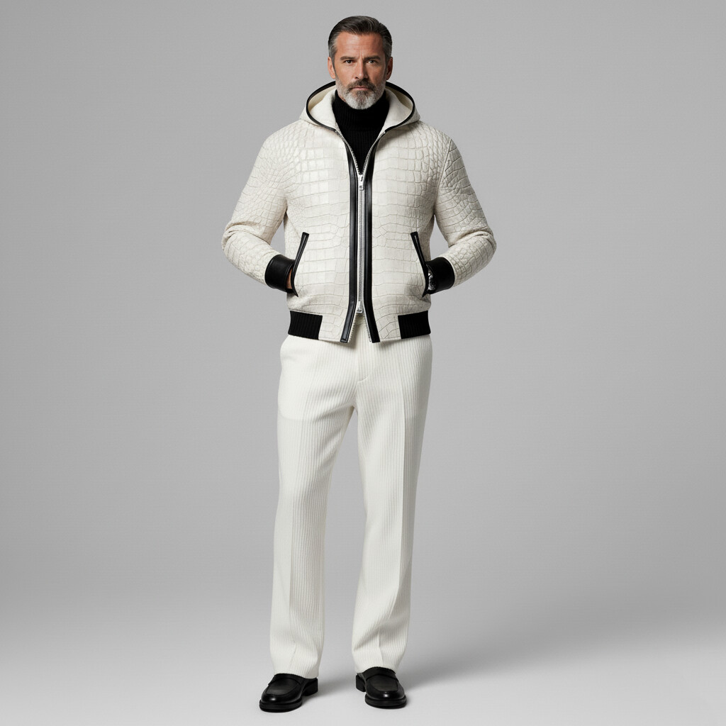 Men's White PU Leather Crocodile Pattern Contrast Binding Two-Way Zipper Hooded Jacket