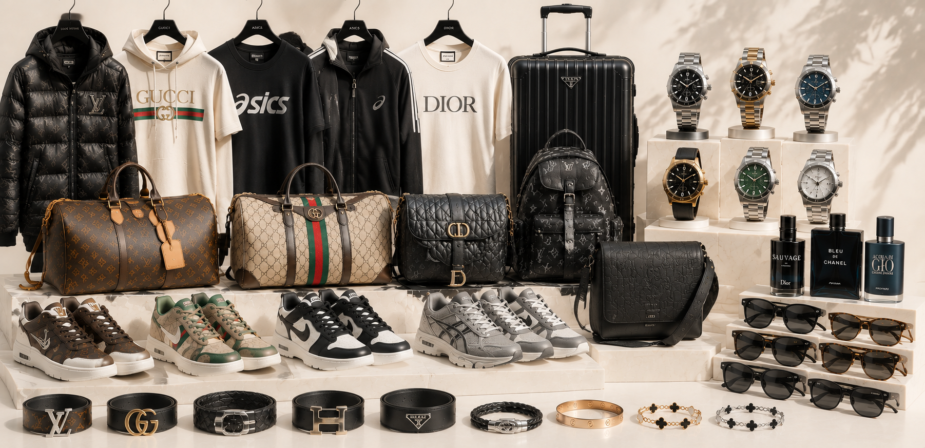 Shoes, clothing, bags, watches, belts, bracelets and perfumes