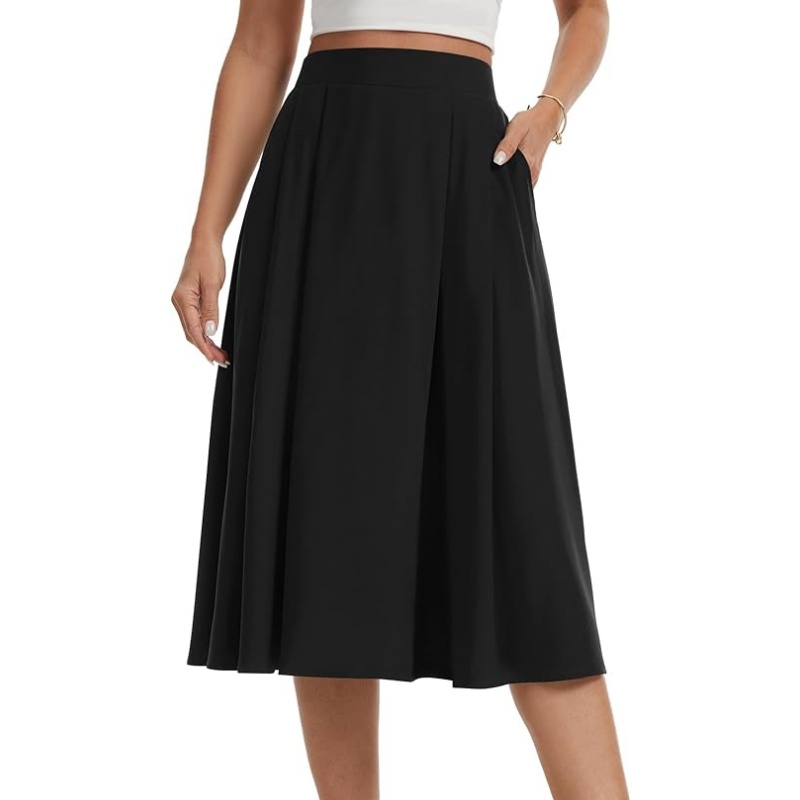 Women's Pleated High Waist A‑Line Midi Flowy Skirt with Pockets