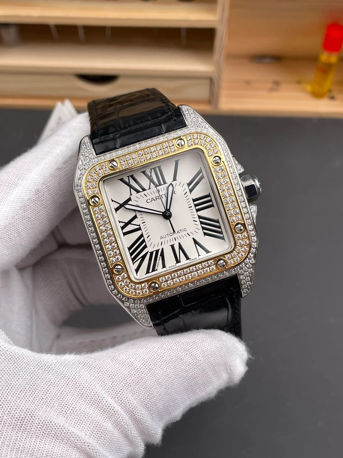 Santos Two-Tone Full Diamond White Dial