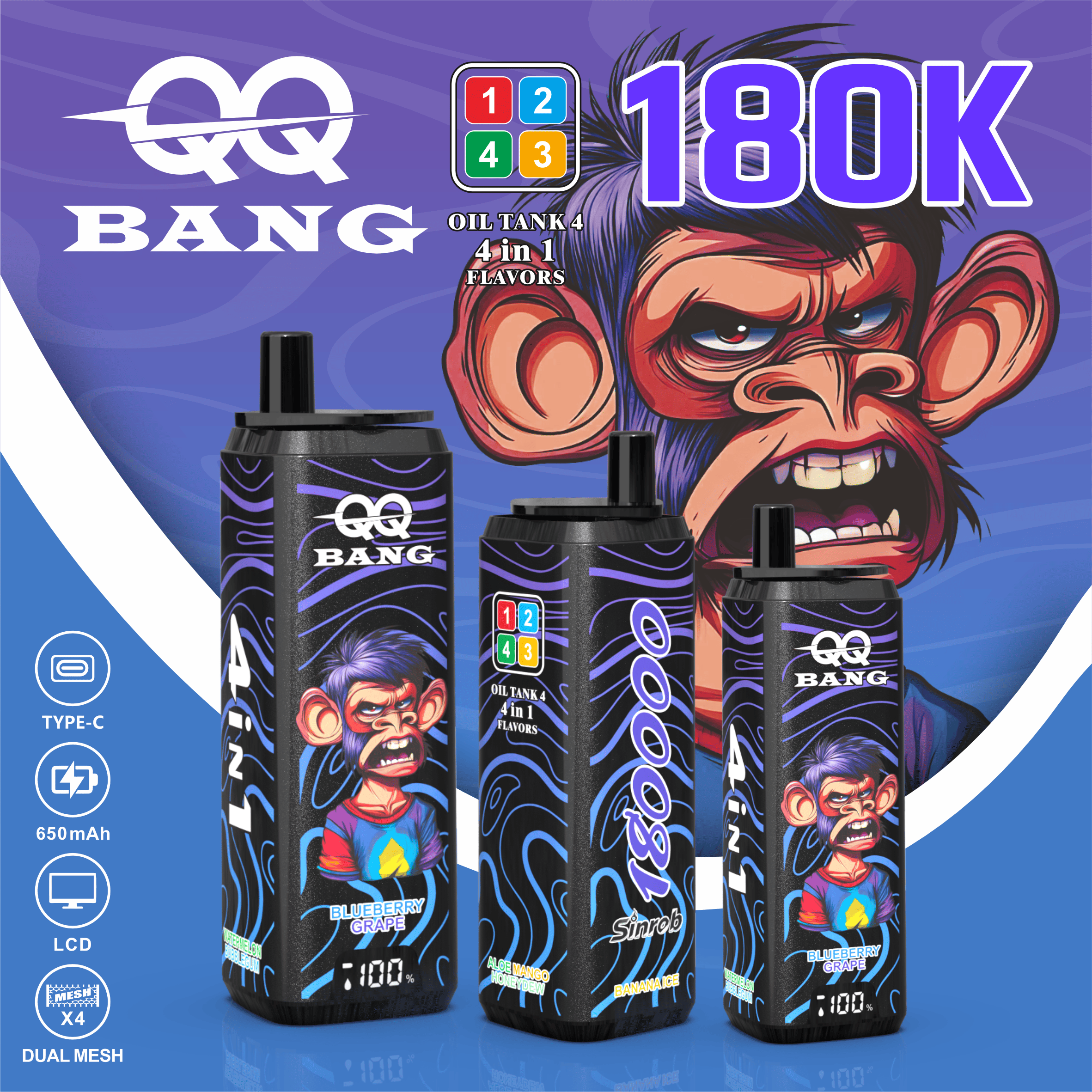 QQ BANG 180K Puffs Prefilled Hookah Vape |  Rechargeable