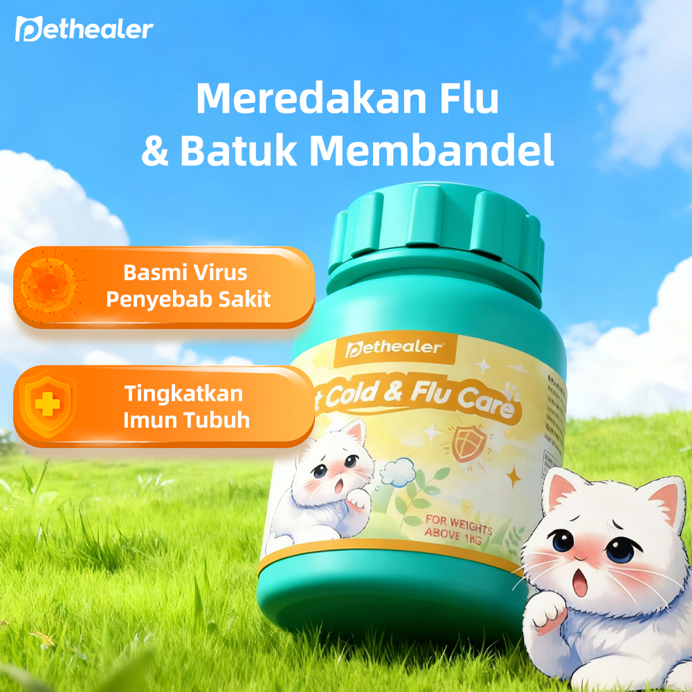 Vitamin Obat Kucing PETHEALER Cold & Flu  untuk Mengatasi Sakit Flu & Pilek Berat, Hidung Tersumbat, Bersin-Bersin, Mata Berair, Basmi Bakteri dan Virus, Tingkatkan Sistem Imun/Daya Tahan Tubuh