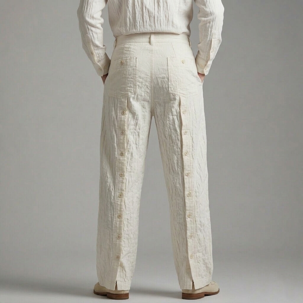 Men's Double Side Button Design Slant Pocket Fold Straight Leg Pants