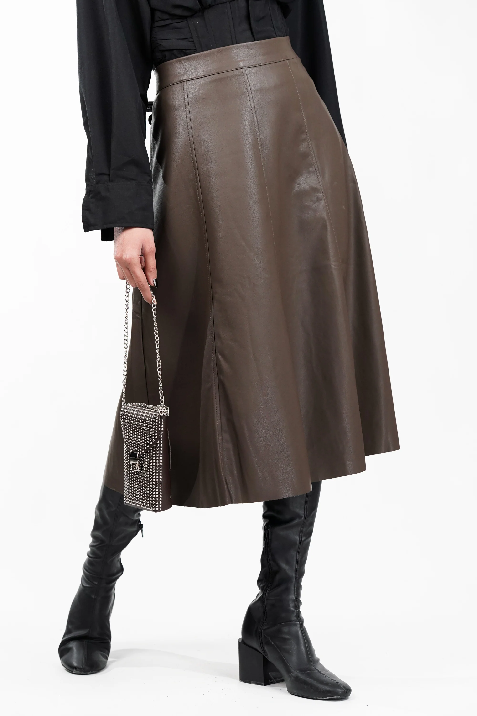 Brown Panelled Edge Leather Skirt