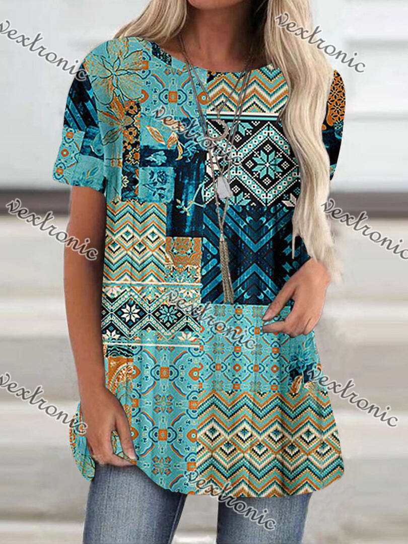 Women Short Sleeve Scoop Neck Floral Printed Graphic Geometric Tops