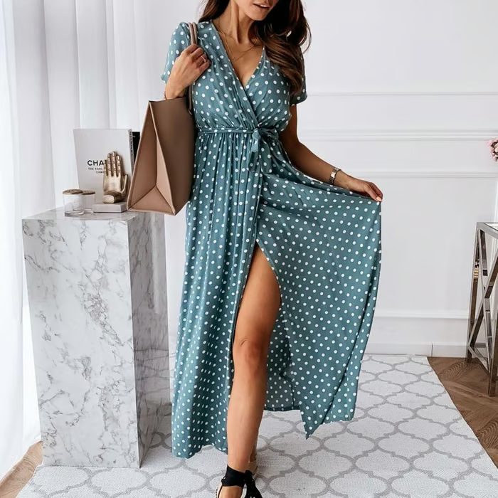 Women Summer V Neck Polka Dot Dress -Buy 2 get free shipping