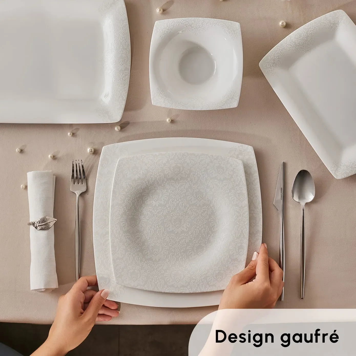 Karaca Fine Pearl Helen Service de Table Carré en Perle 58 Pièces pour 12 Personnes