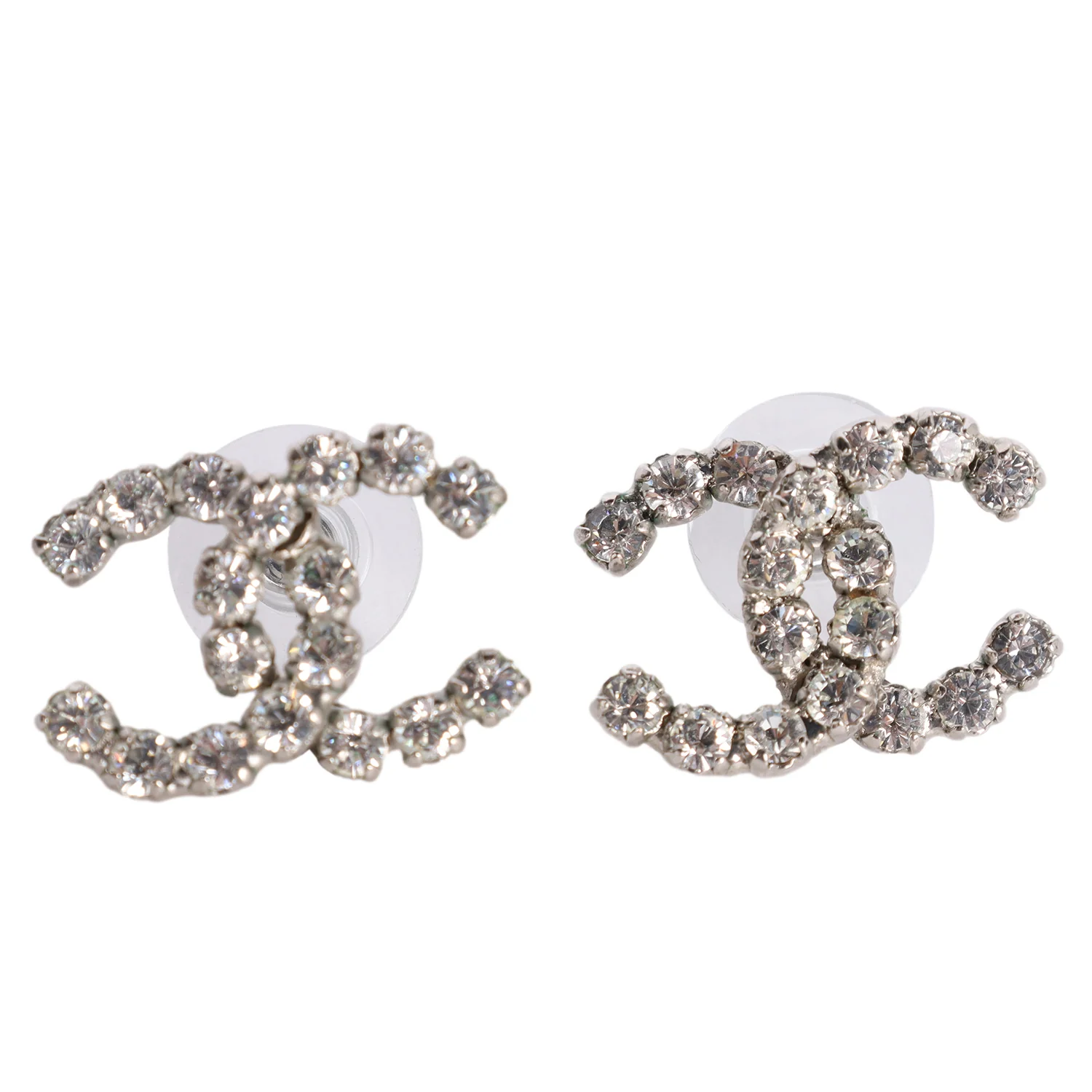 CC Logo Silver Crystal Pierced Earrings