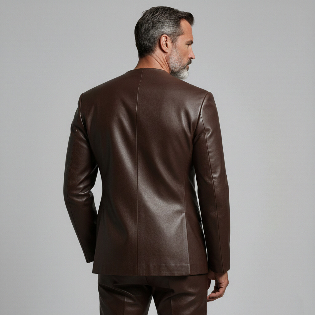 Men's Fashion Brown PU Leather Collarless Eyelet Lace Up Long Sleeve Blazer