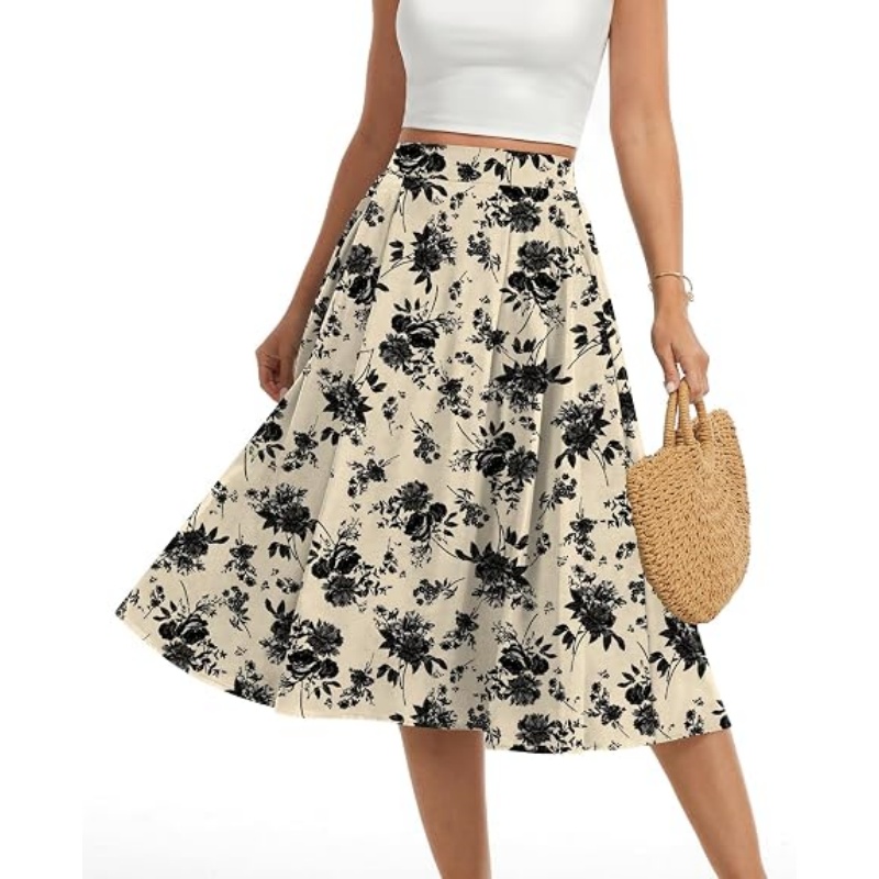 Women's Pleated High Waist A‑Line Midi Flowy Skirt with Pockets