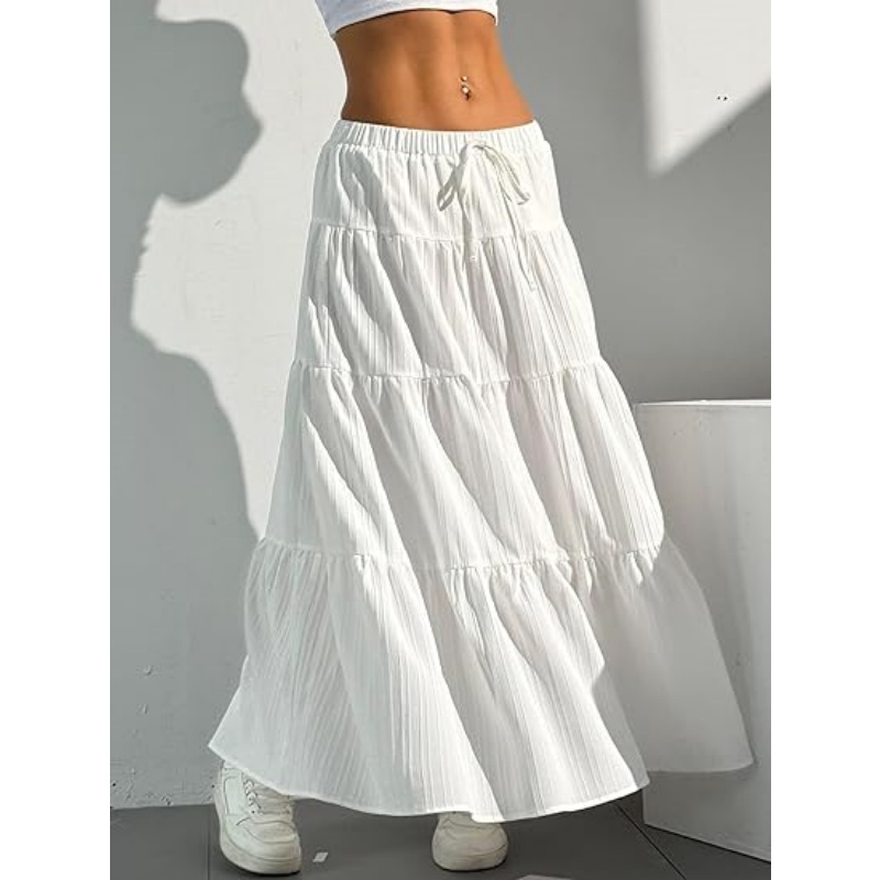 Women's Boho Flowy White High Waist Maxi Skirt with Ruffle & Elastic Waist