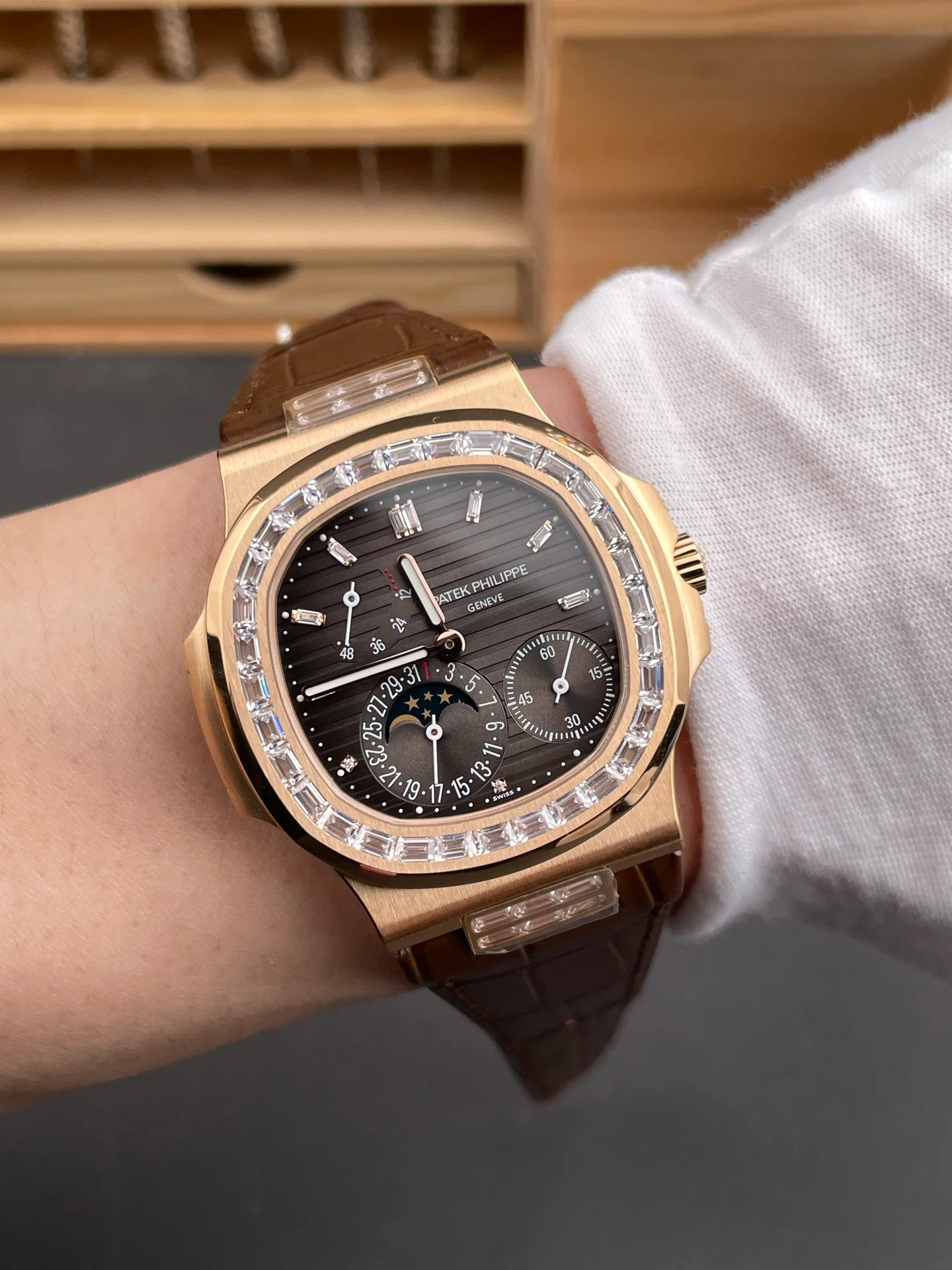 Nautilus 5724 with Baguette Diamond Bezel, Rose Gold Dark Brown Dial