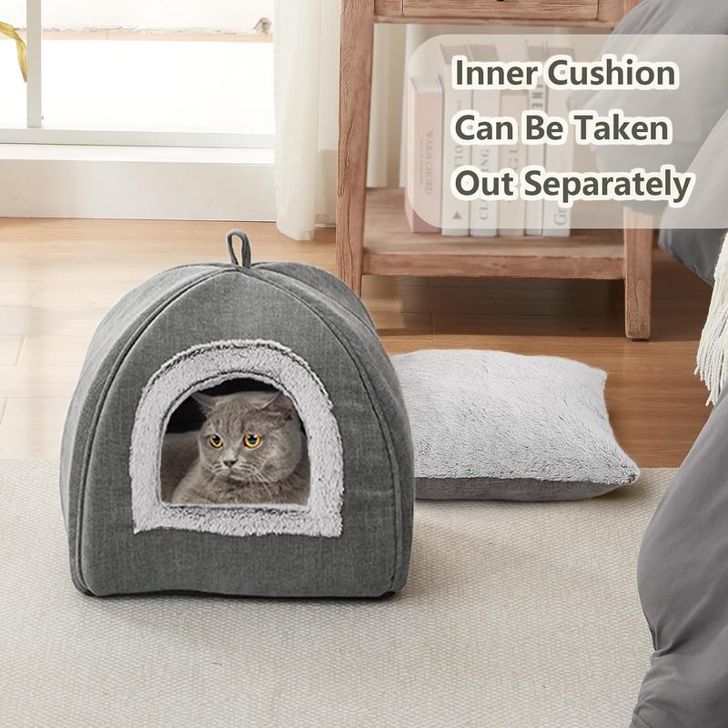 Cat Bed Cave-Cat Beds for Indoor Cats, Kittens and Small Pets, Soft and Warm Cat House Tent Bed, Foldable and Washable with Removable Cushion and Anti-Slip Bottom, Gray 15 inches