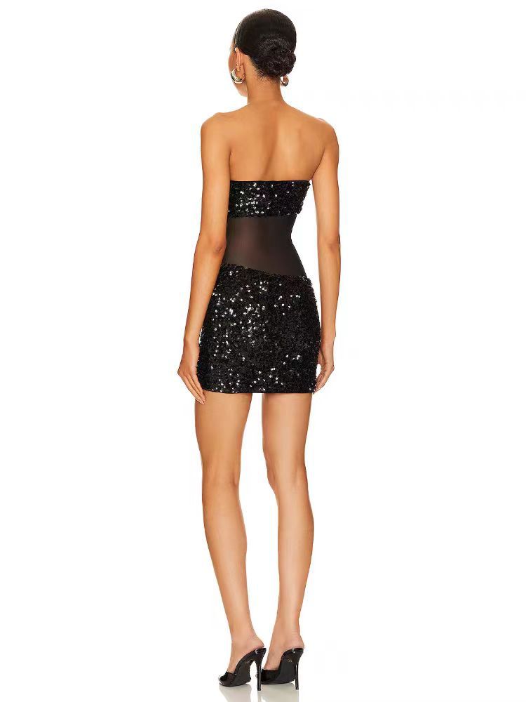 Women's Black Slim-Fit Strapless Sequin Mini Dress – Elegant Sleeveless Party Dress