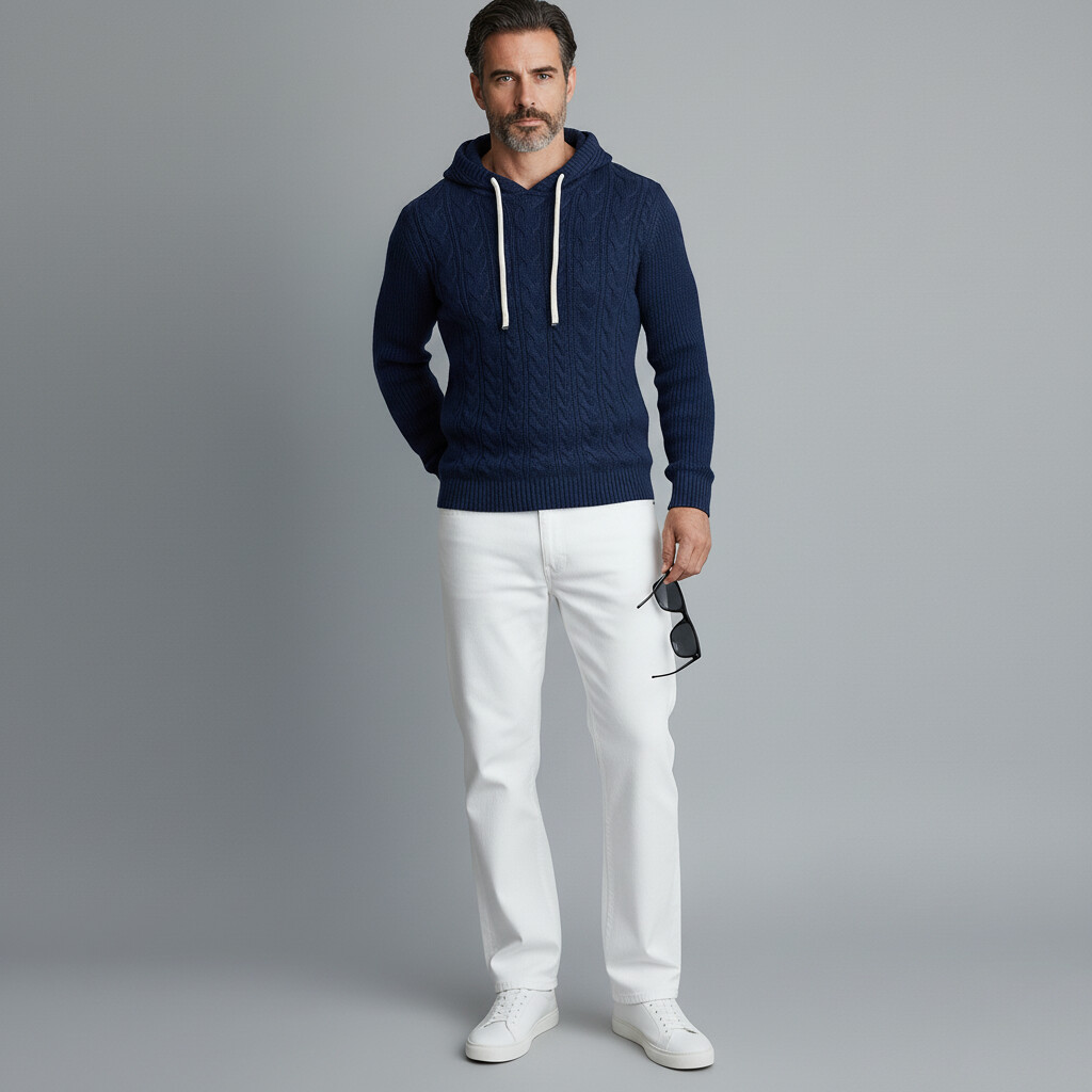 Men's Navy Blue Cable Knit Long Sleeve Drawstring Hooded Sweater