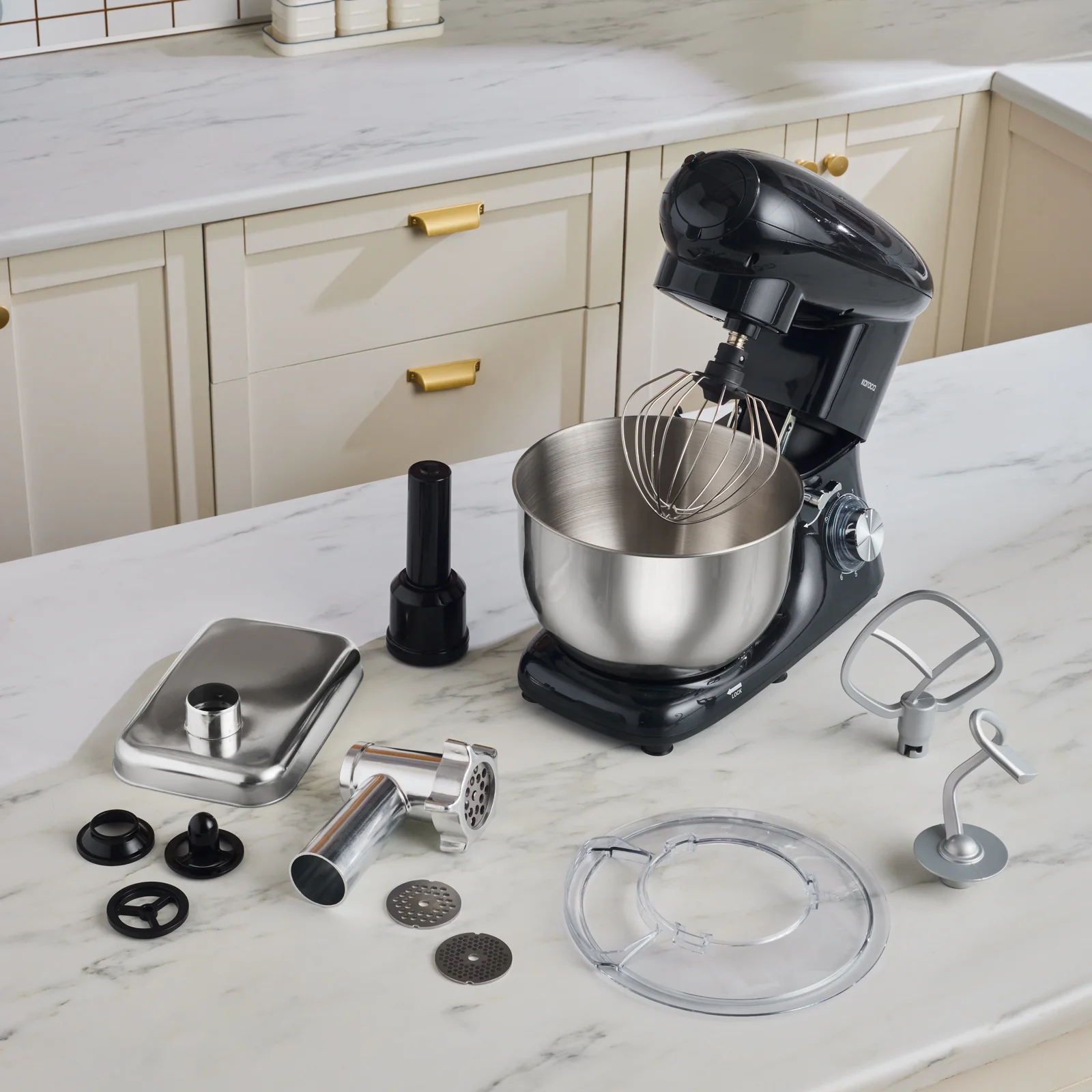 Karaca Multichef Robot Pâtissier Shiny Black 1900W 5,5 L (avec hachoir à viande, accessoires pour saucisses et köfte farcies)