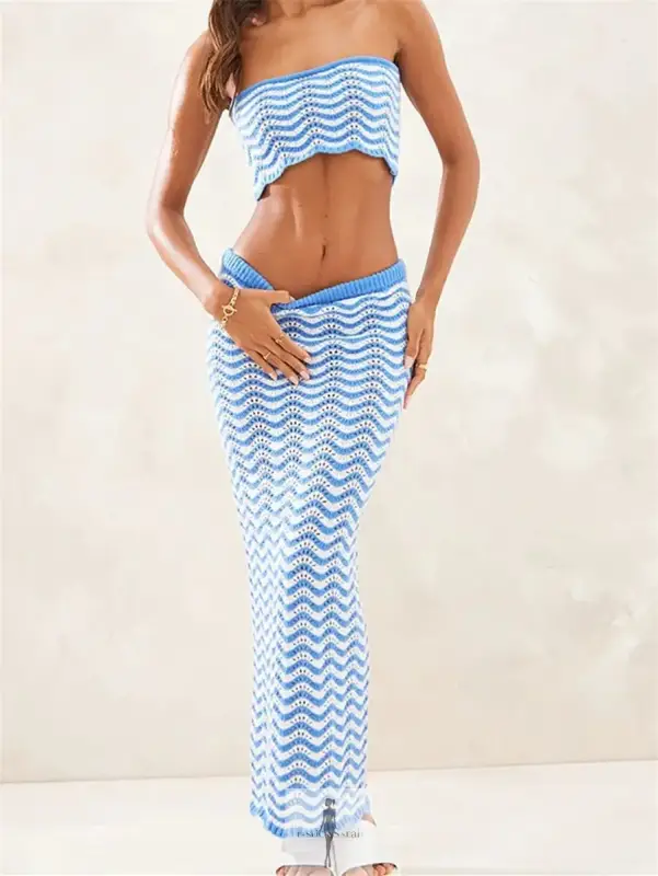 Strapless Knit Crop Tube Tops+Long Skirt Set