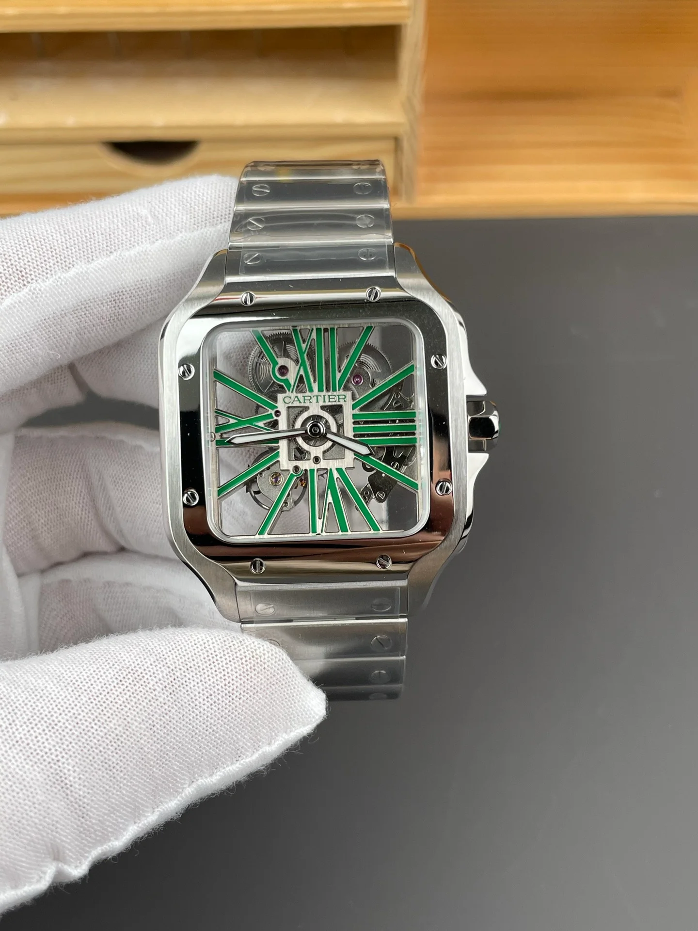 Santos Skeleton Series Steel Watch with Green Hands