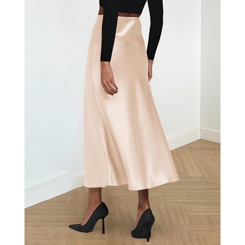 Women's Satin High Waist A‑Line Long Midi Skirt, 2026 Summer